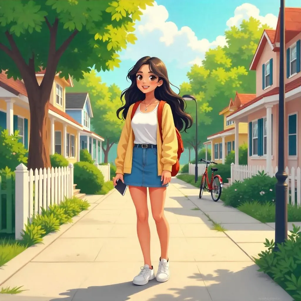Anime Indian Woman in Suburban Neighborhood