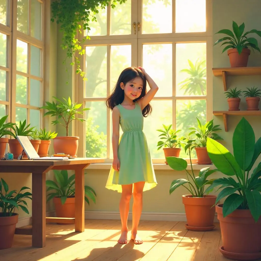 Cheerful Asian Girl in a Sunlit Sunroom - Concept Art