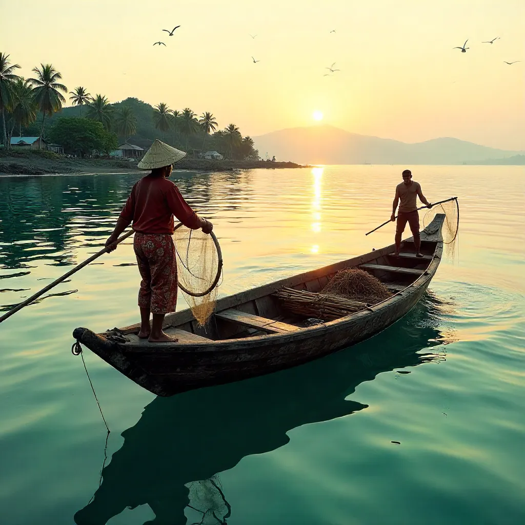 Traditional Central Java Fisherman at Dawn Casting Nets