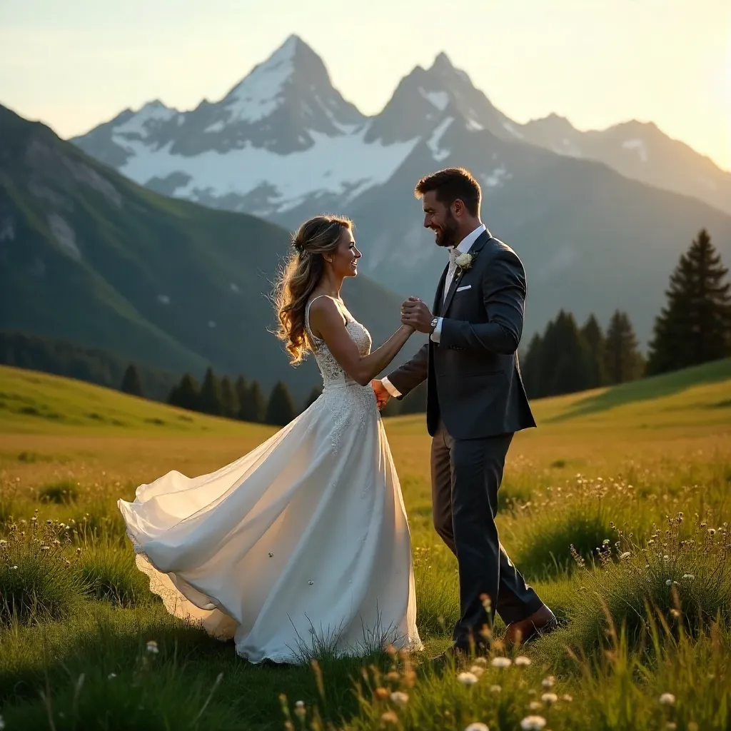Bride and Groom Dancing in Mountain Meadow