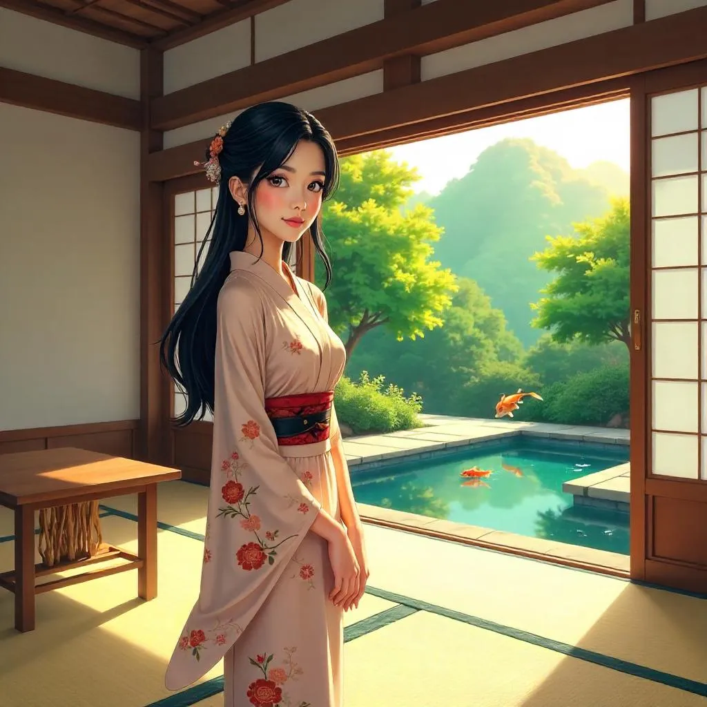 Elegant Asian Woman in a Serene Villa - Anime Style