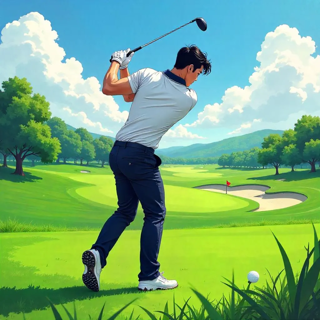 Athletic Asian Man Golf Swing - Anime Style