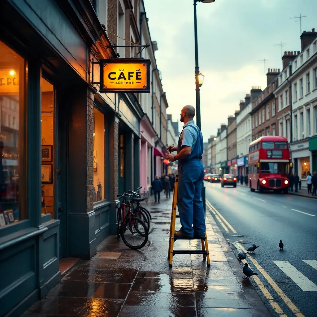 Blue Overalls Painter at Abbey Road Cafe Sign