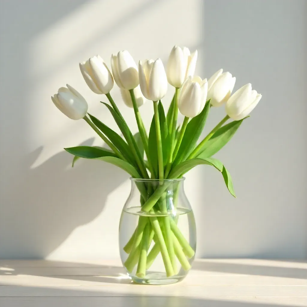 Serene White Tulips in Glass Vase at Daylight