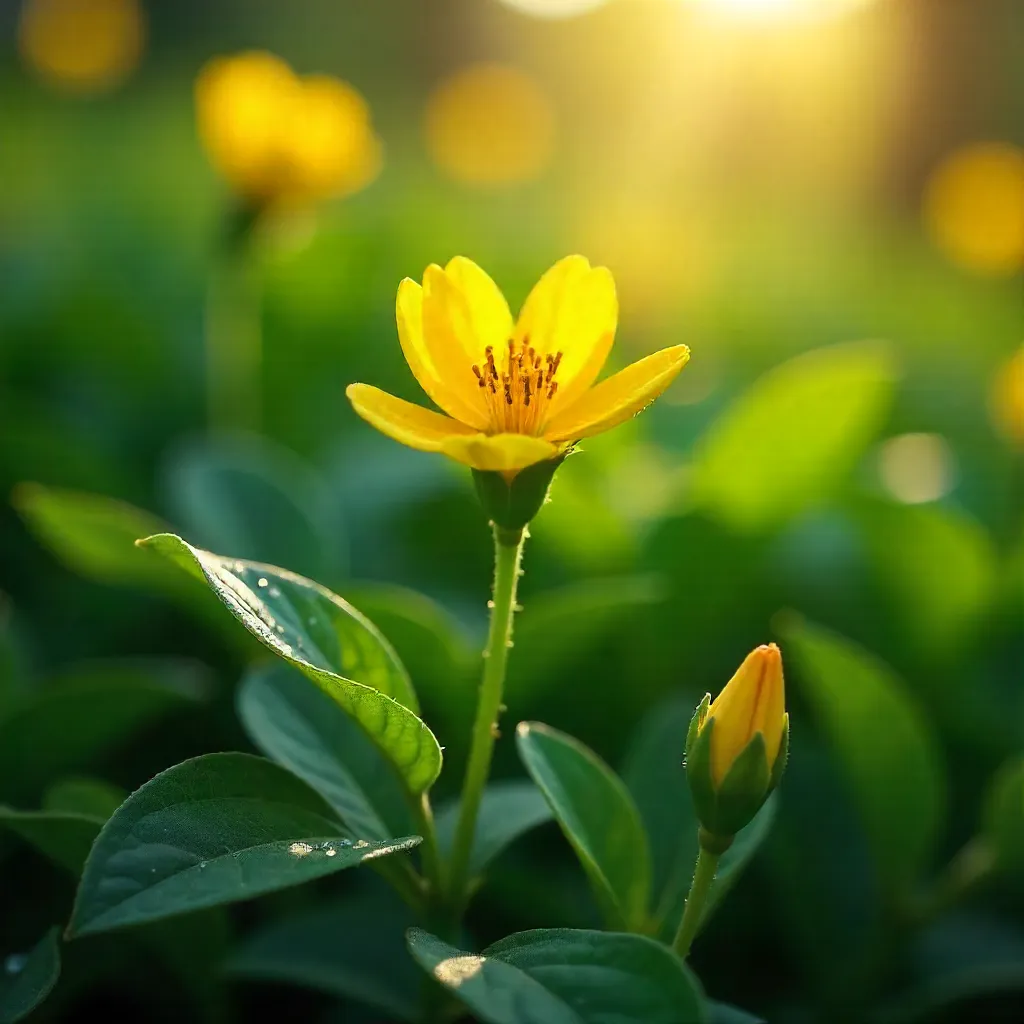 Single Yellow Flower in Lush Green Foliage