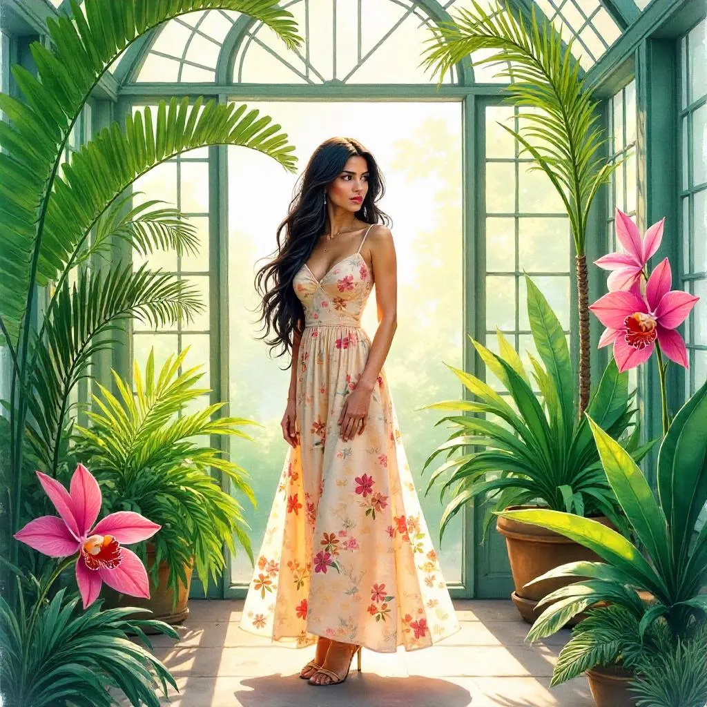 Watercolor Latina in a Sunlit Conservatory