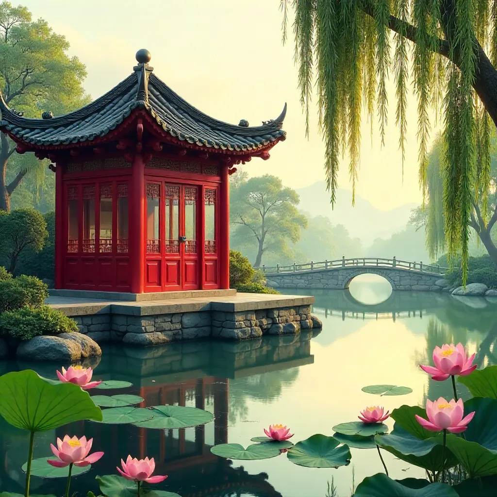 Serene Chinese Pavilion by Lotus Pond and Willows
