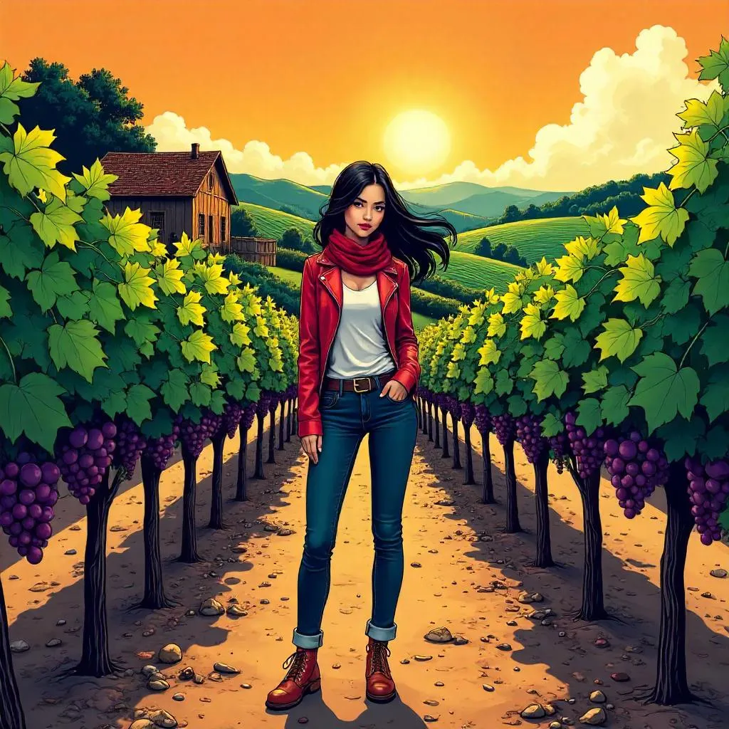 Comic Book Style: Stylish Asian Girl in a Vineyard