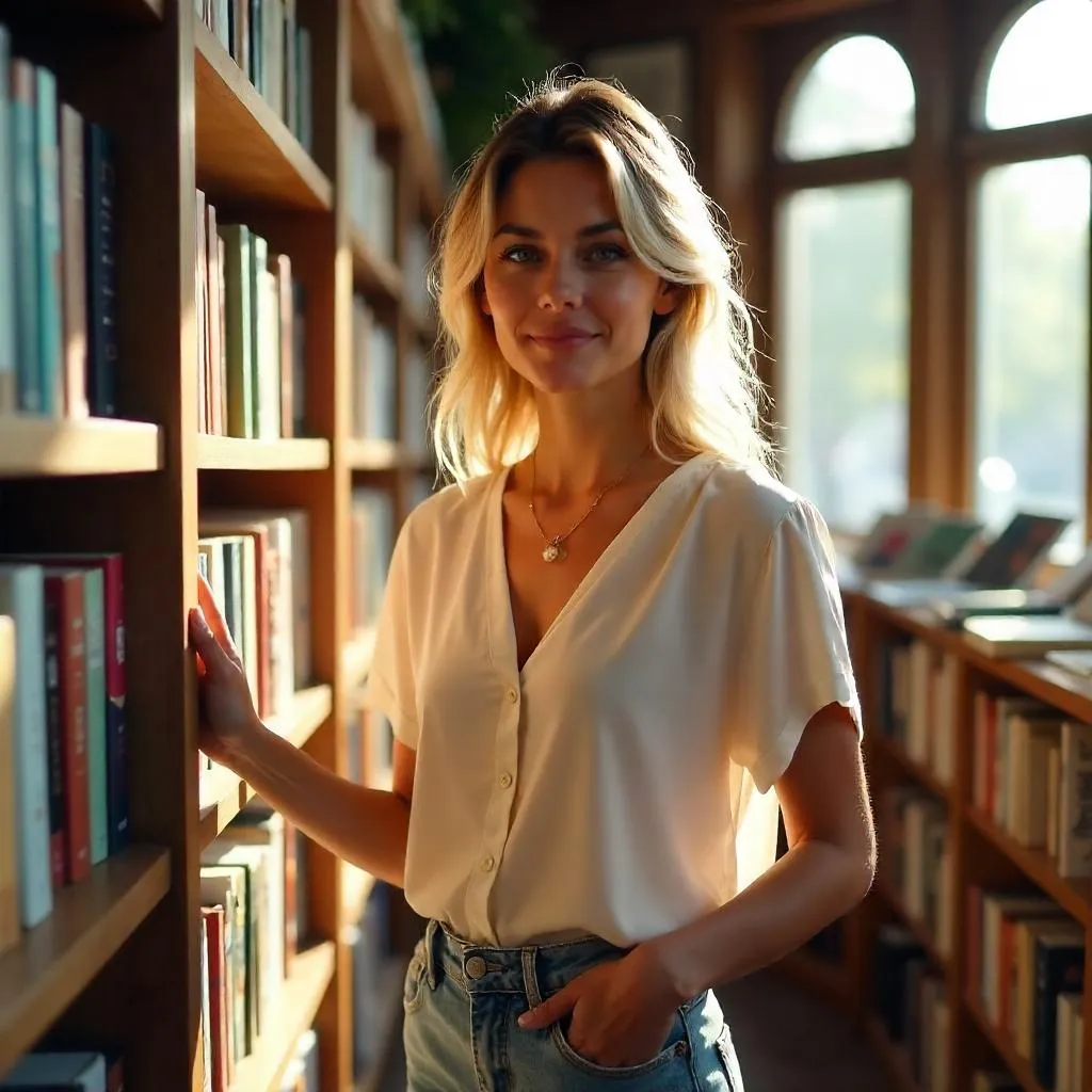 Sunlit Photoreal: Woman in a Cozy Bookstore