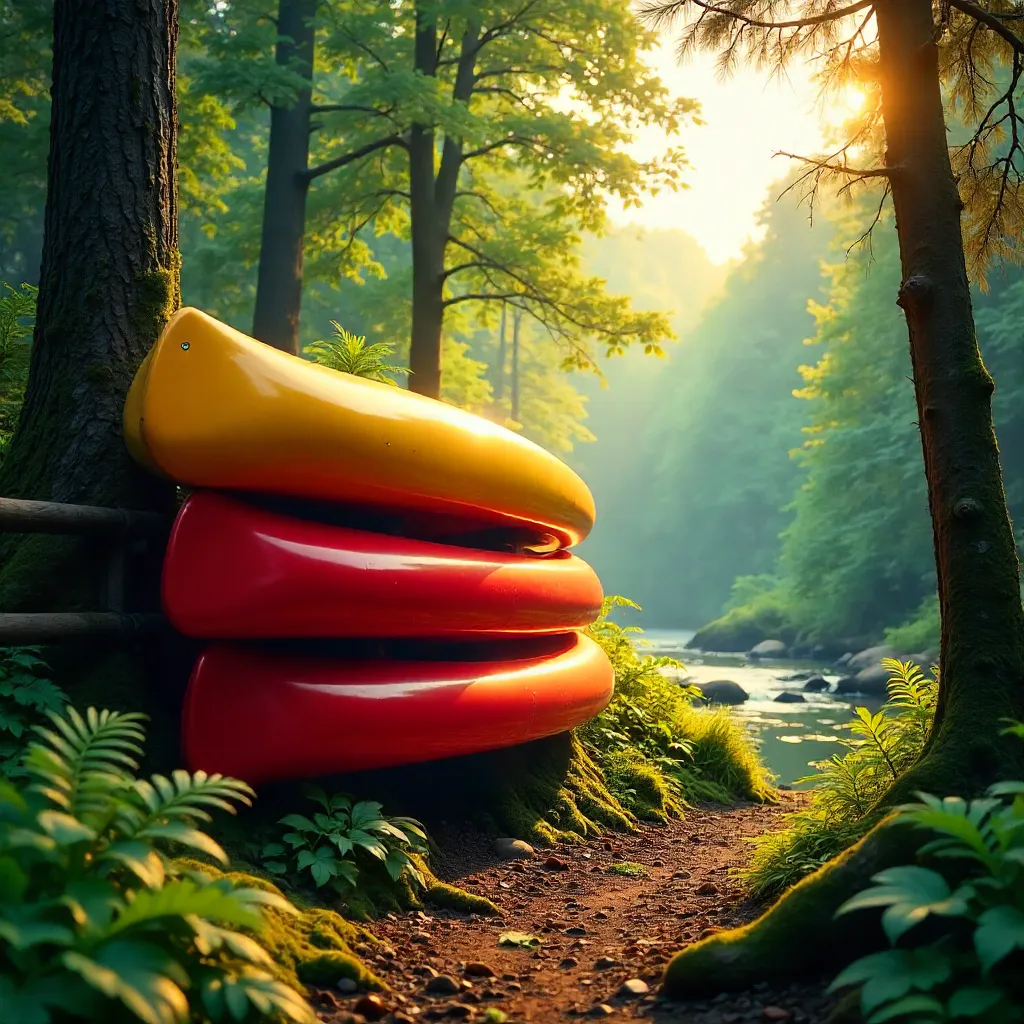 Bright Red and Yellow Canoes in a Lush Green Forest