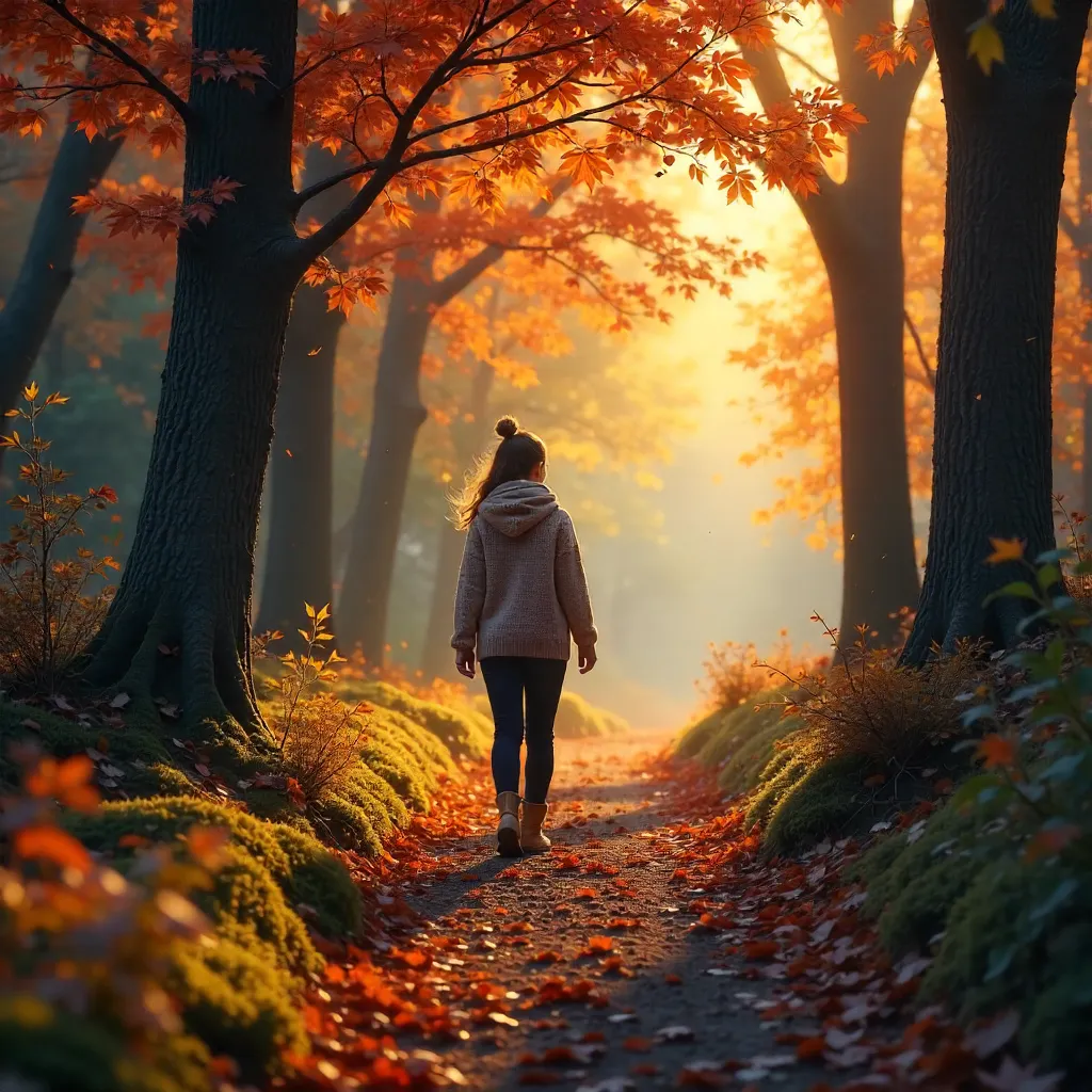 Lone Wanderer on an Autumn Forest Path