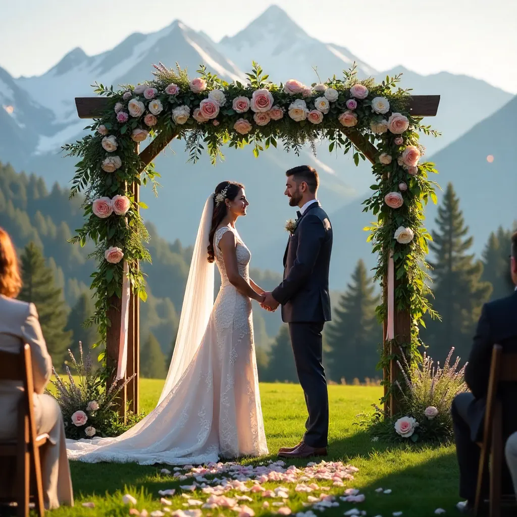 Wedding Under a Floral Gazebo Amid Mountain Vistas