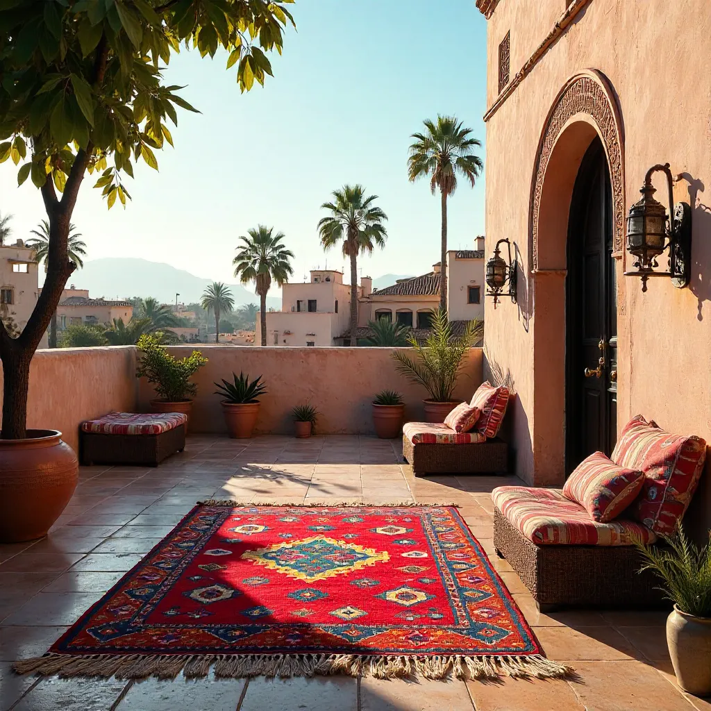 Colorful Moroccan Rugs on Marrakech Rooftop Terrace