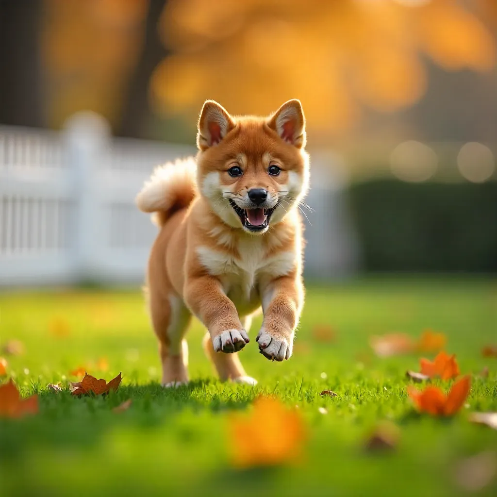 Autumn Shiba Inu on Grassy Lawn by White Picket Fence
