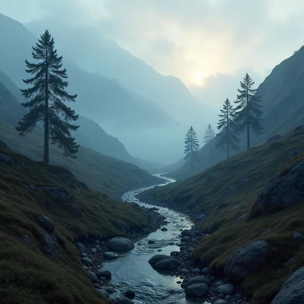 Valley Enshrouded in Dense Fog — 3D Render