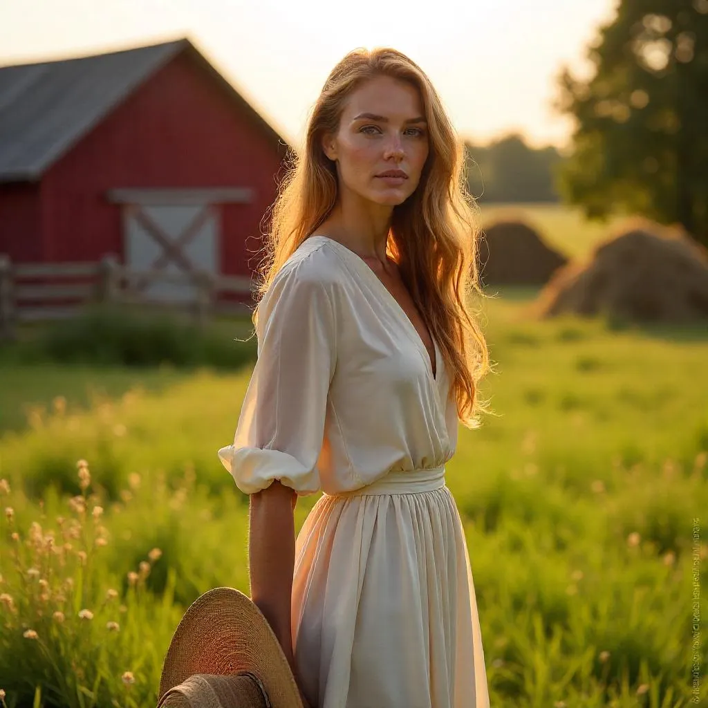 Elegant white woman on a sunlit farm