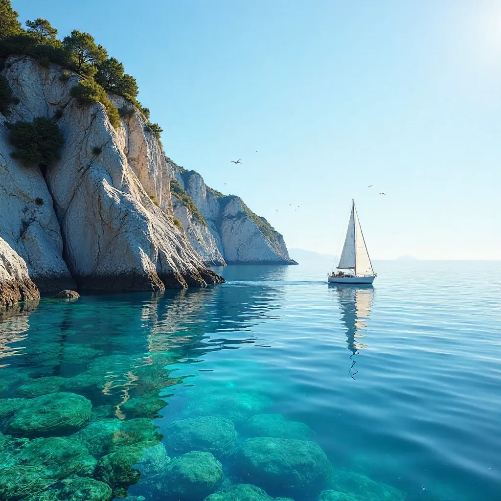 Tranquil Sailboat by Rocky Shore under a Clear Blue Sky