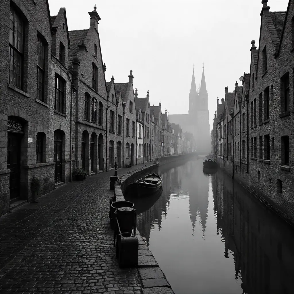 Moody Black-and-White Ghent Canal and Historic Buildings