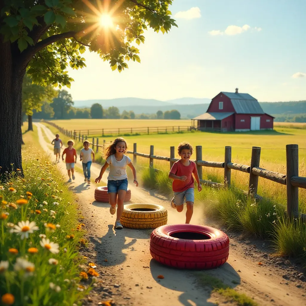 Sunny Tire Game on a Rural Country Path