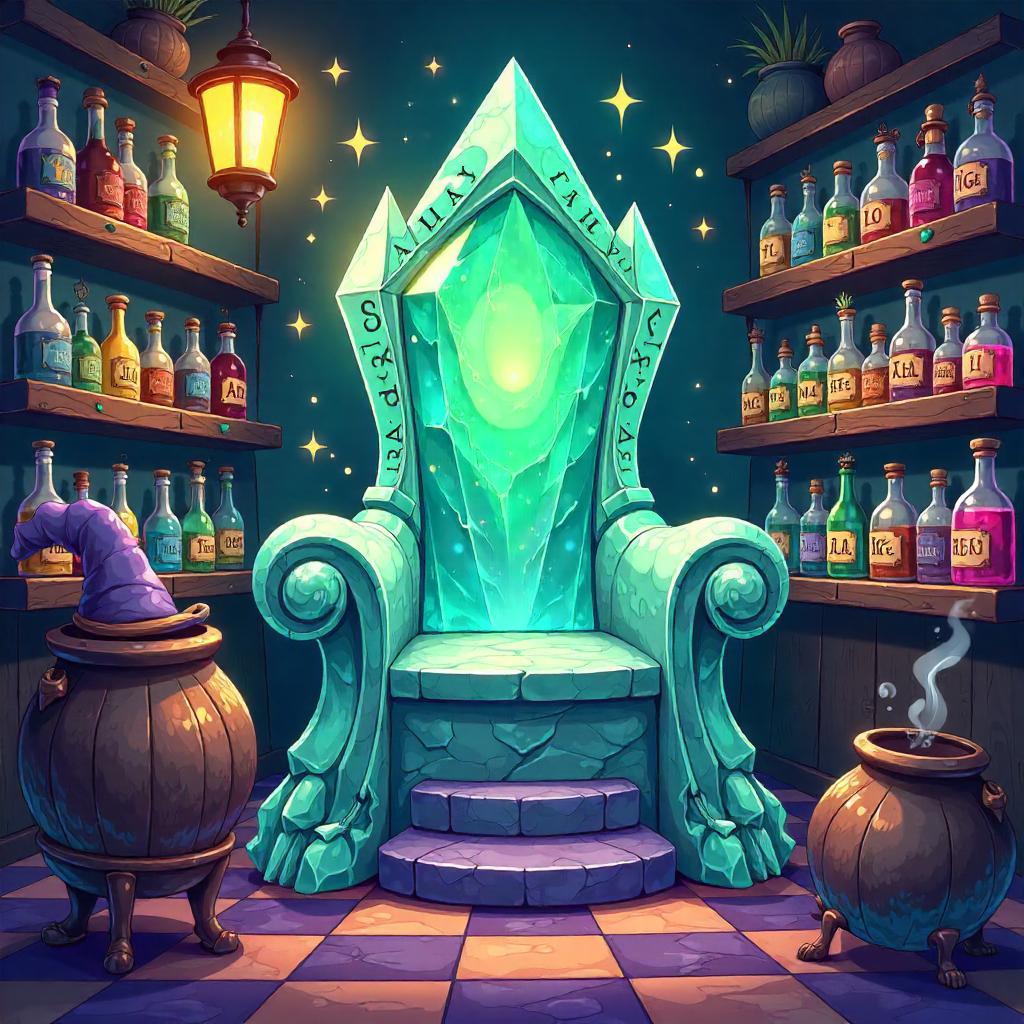 Crystal Throne in a Potion Shop (Cartoon Style)