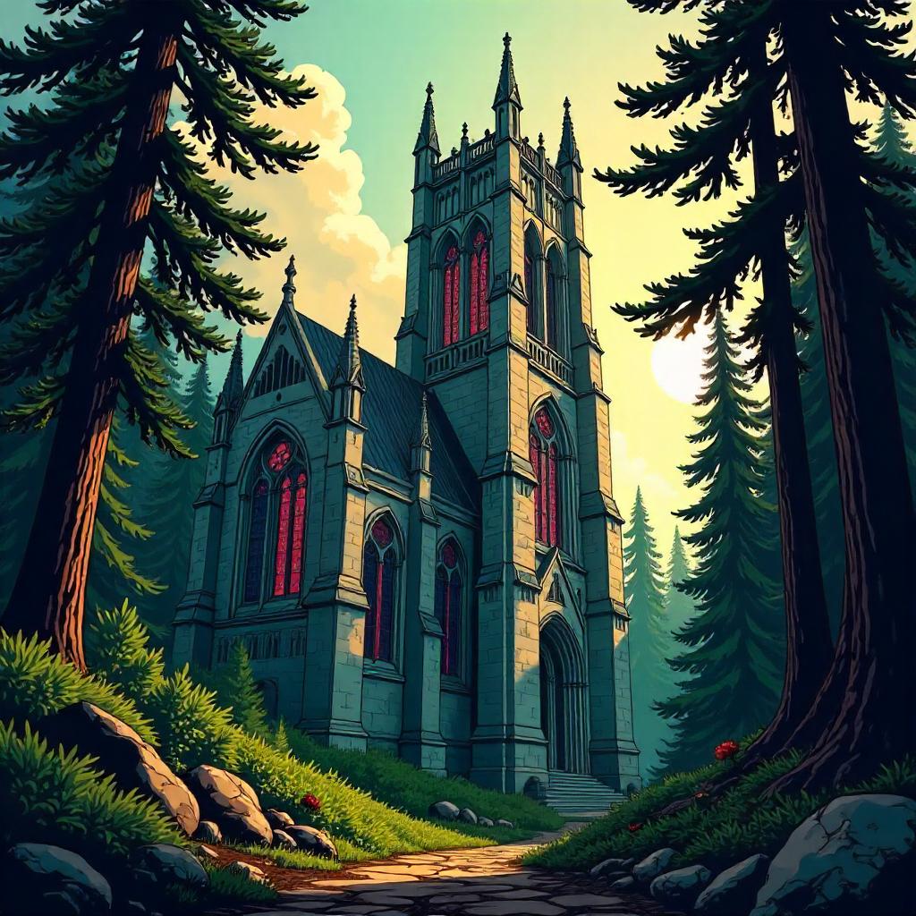 Gothic Cathedral in a Pine Forest (Comic Style)