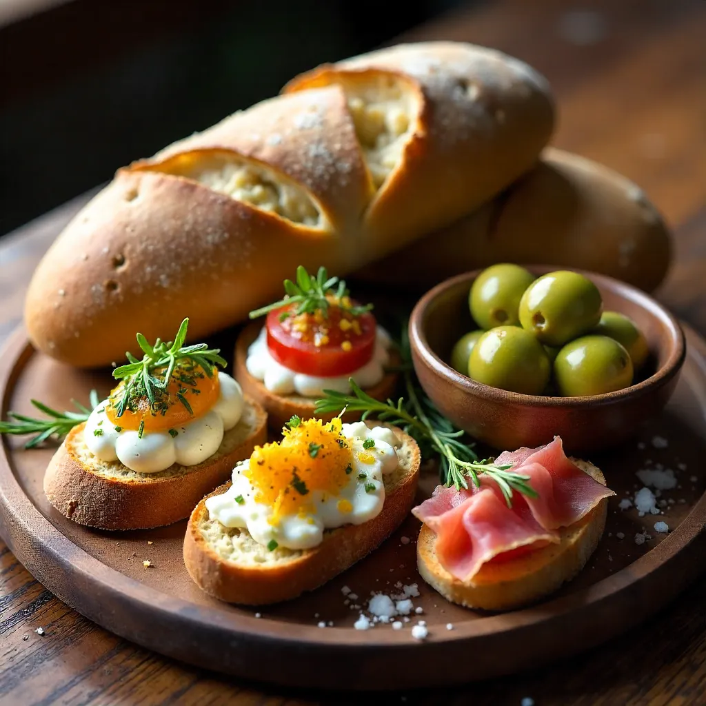 Artisan Bread with Green Olives and Gourmet Appetizers