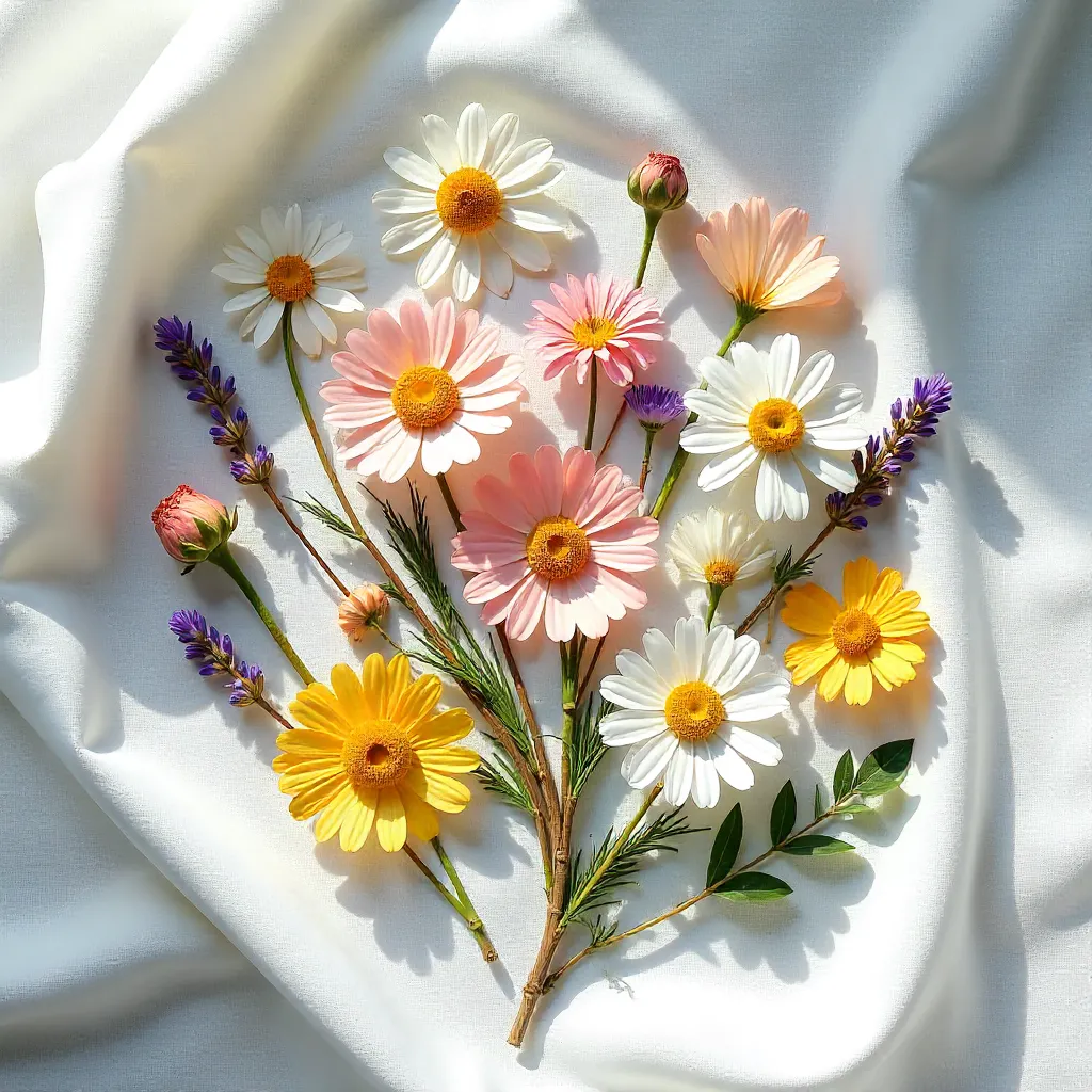 Pressed Flowers on White Fabric: A Natural Still Life