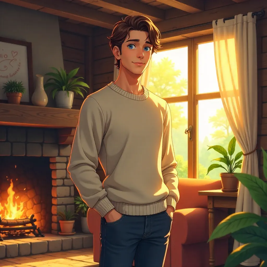 Handsome Adult White Man in a Cozy Anime Cottage