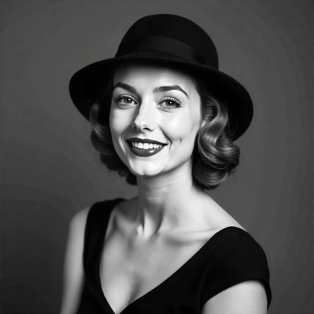 Smiling Woman in a Hat: Vintage B&W Portrait