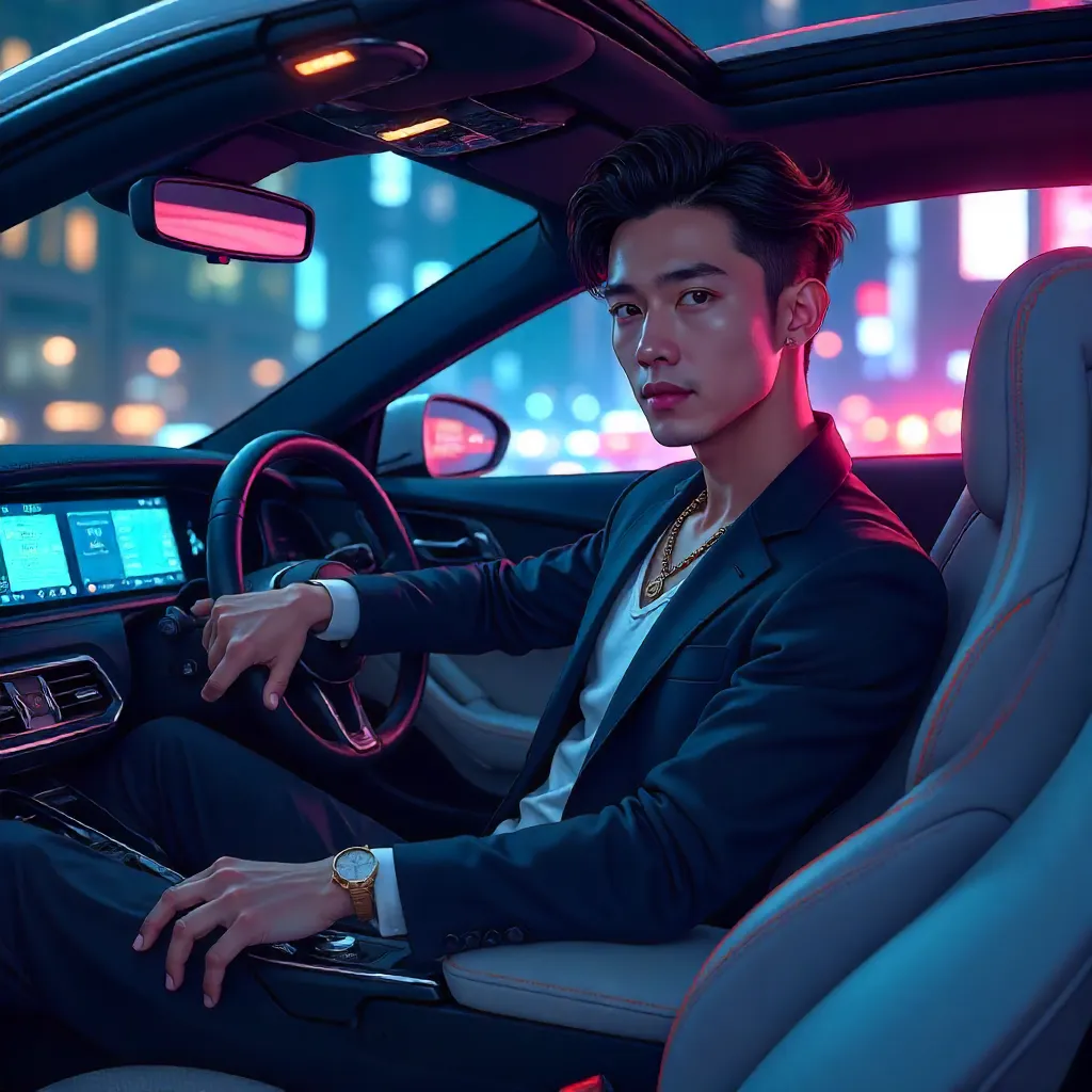 Anime-Styled Asian Man in a Sleek Car