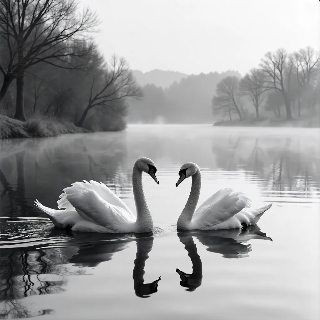 Graceful Swans on a Serene Black-and-White Lake