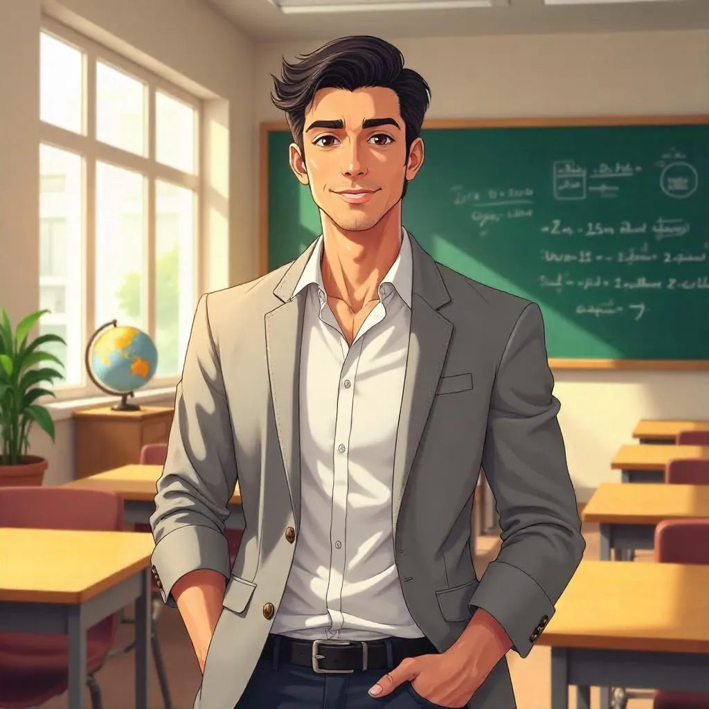 Handsome Middle Eastern Man in an Anime Classroom
