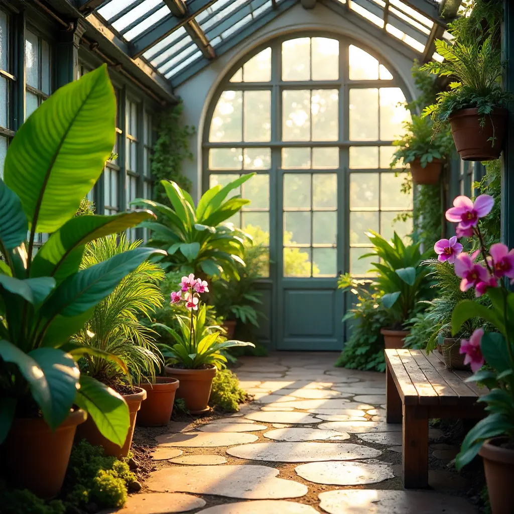 Tranquil Greenhouse: Light, Leaves, and Color