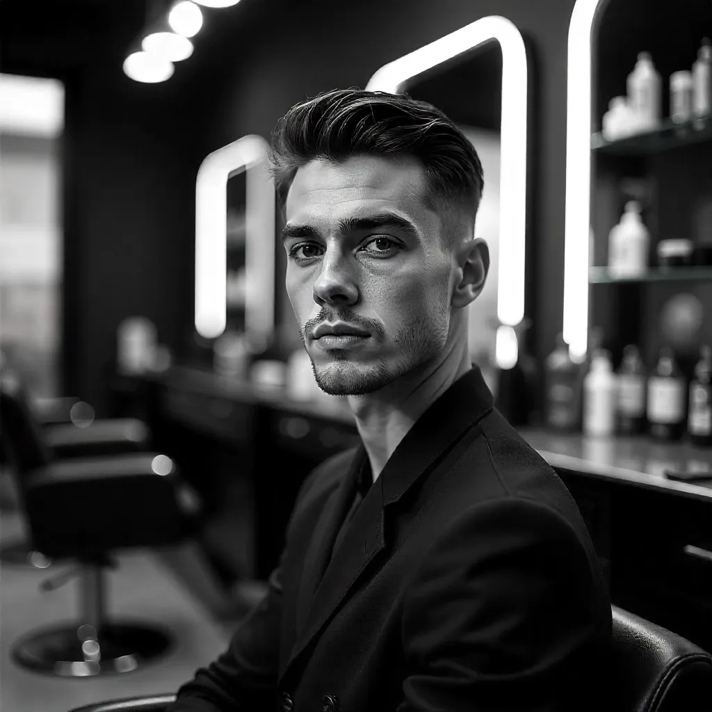 Confident Young Man in a Modern Salon (Black & White)