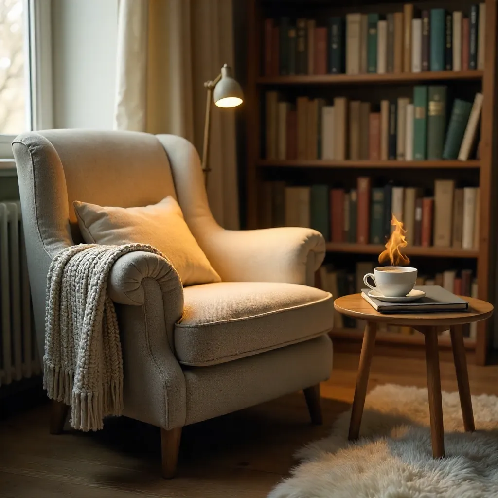 Cozy Reading Nook with Coffee and Tablet Under Soft Lighting