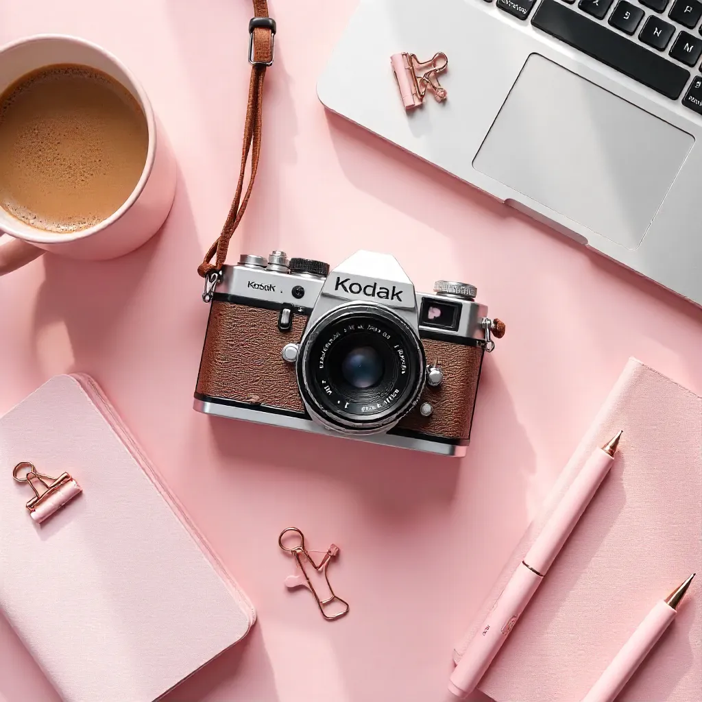 Pastel Pink Flat Lay: Vintage Kodak Camera & Pink Stationery