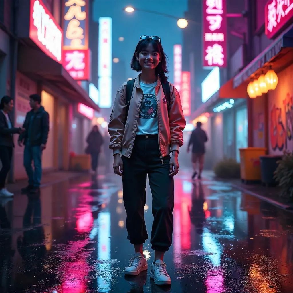 Cheerful Asian Woman in Neon Urban Concept Art
