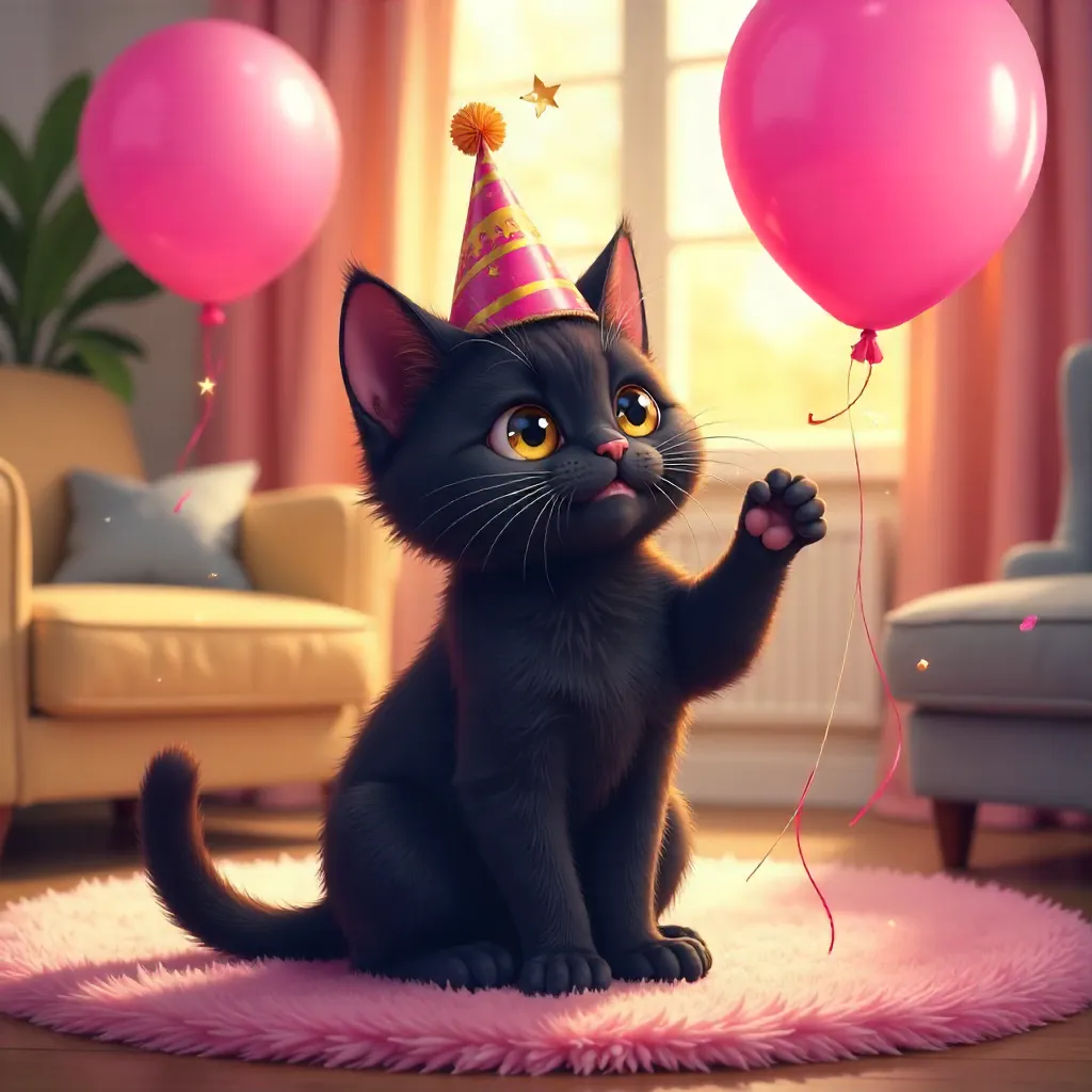 Playful Black Cat Amid Vibrant Pink Balloons