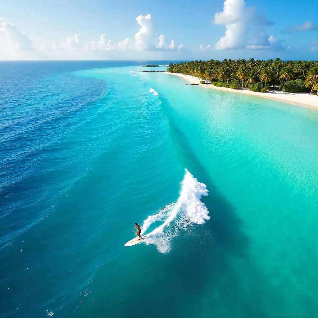 Aerial Surfer Over Turquoise Maldives Waves