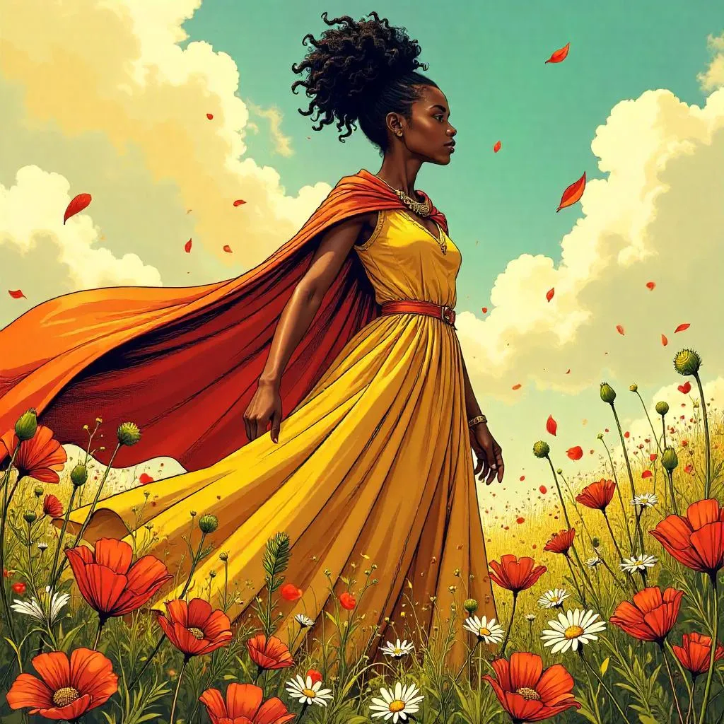 Elegant Black Heroine in a Field of Flowers (Comic Style)