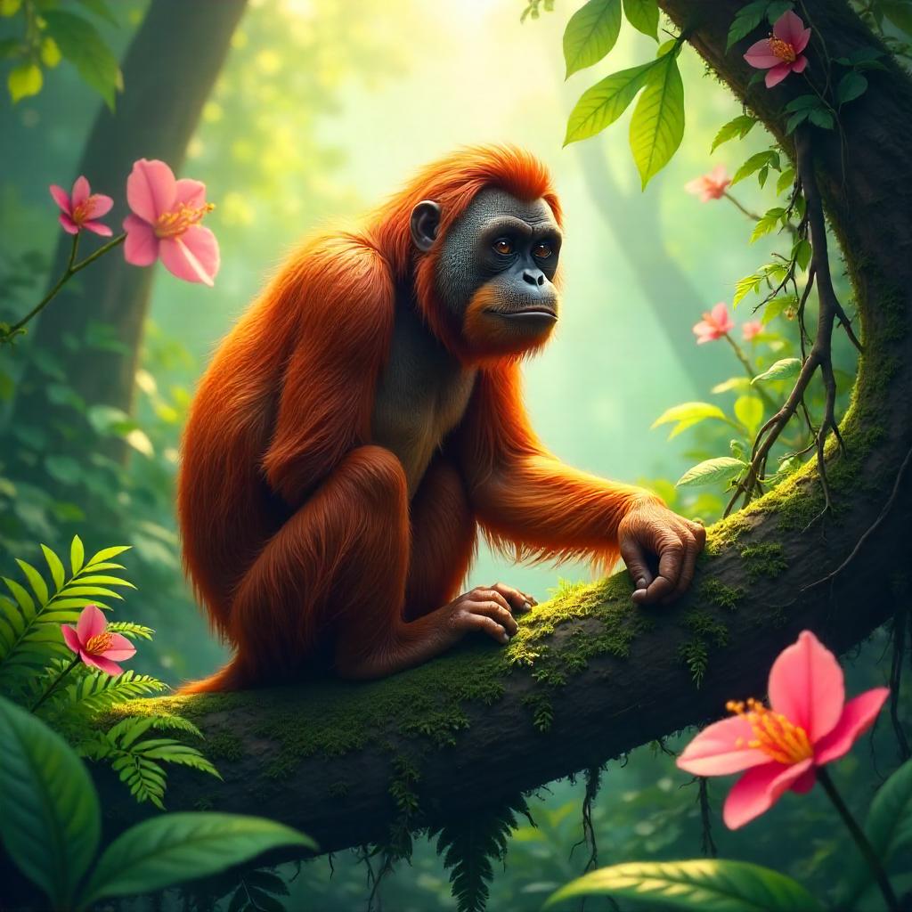 Orangutan Amidst Lush Botanical Garden - Digital Art