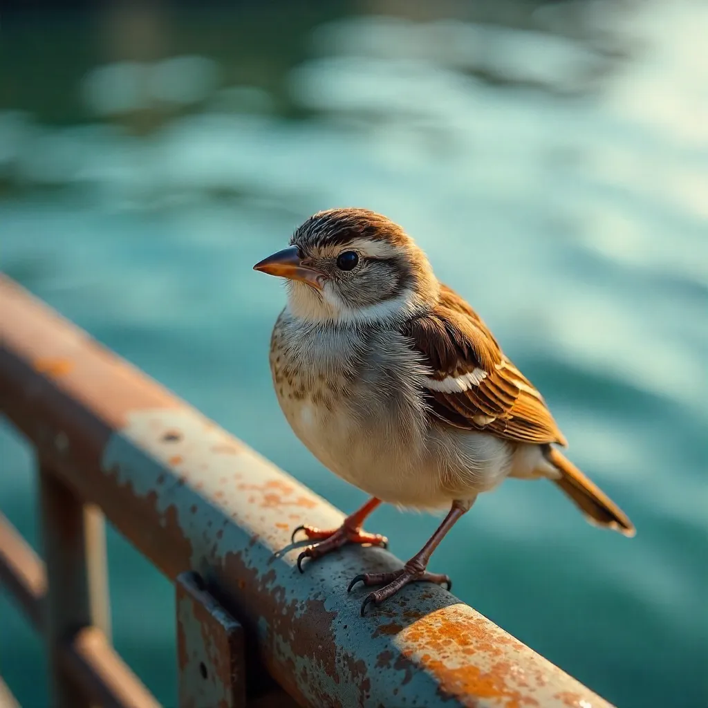 Brown Sparrow on a Rusted Rail by Water