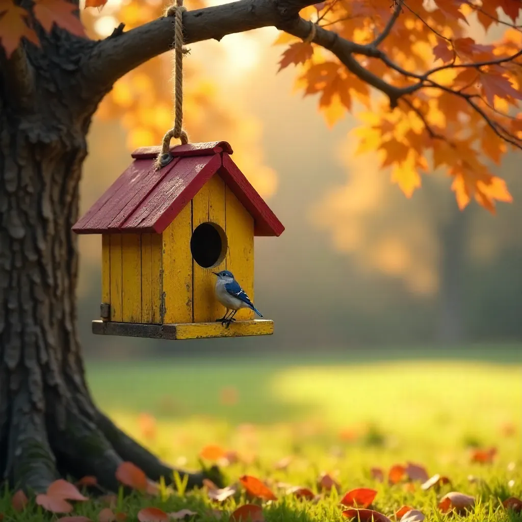 Charming Yellow Birdhouse in Fall Light