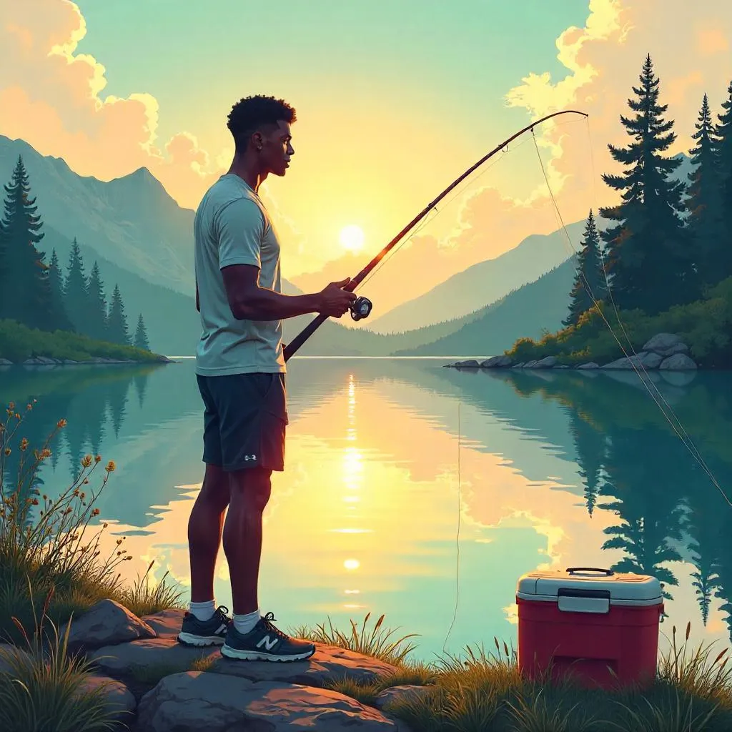 Athletic Black Man Fishing in Anime Style at Dawn