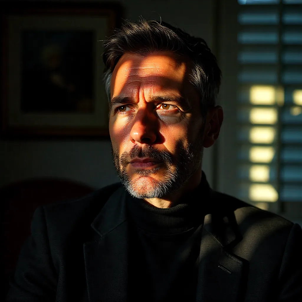 Striking Shadowed Portrait of a Reflective Man