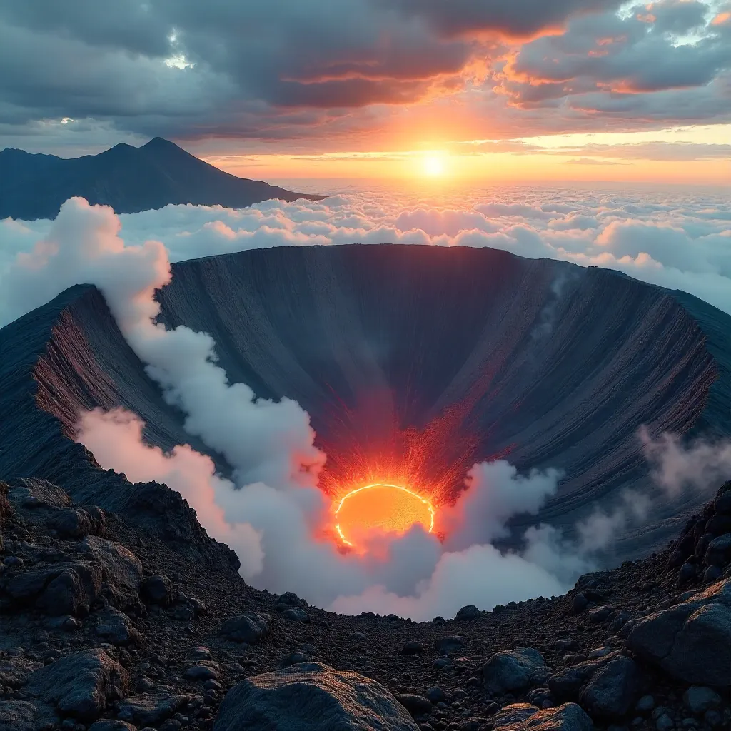 Mist-Wrapped Volcanic Crater: A Dramatic Landscape