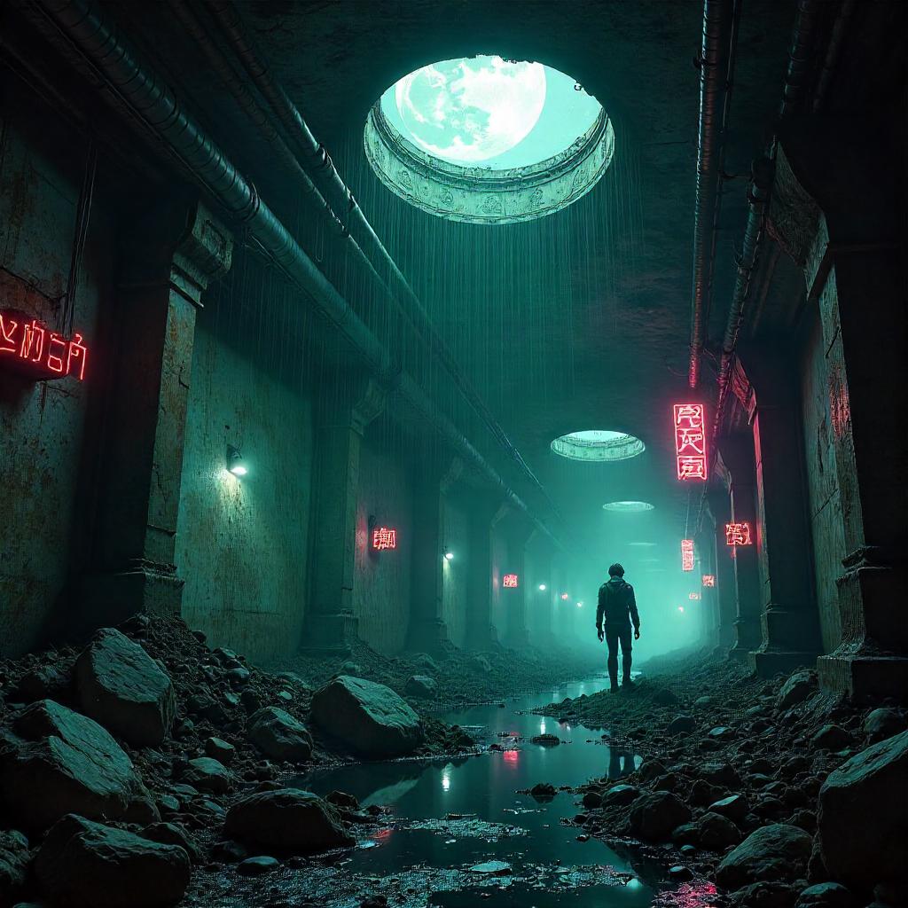 Moonlit Cyberpunk Catacombs Beneath Neon City