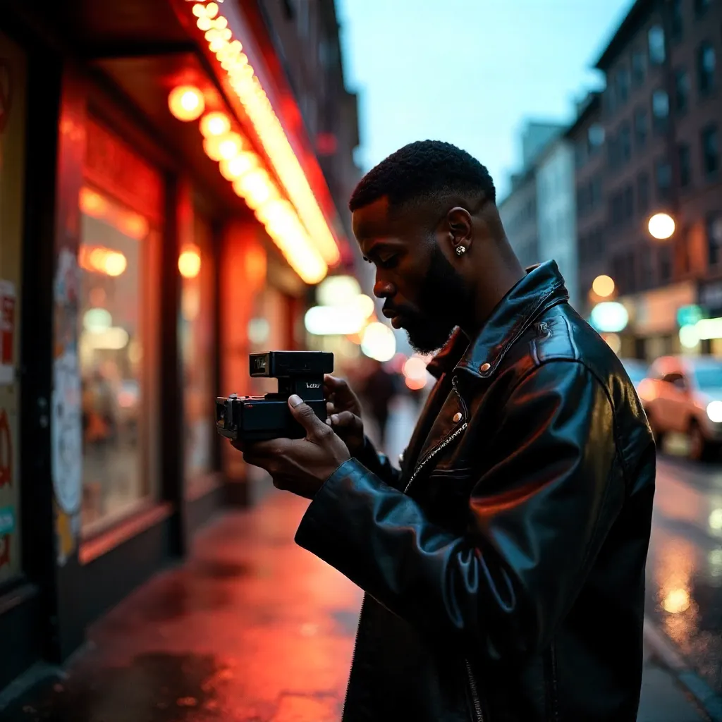 Urban Polaroid Moment: Man in Leather Jacket