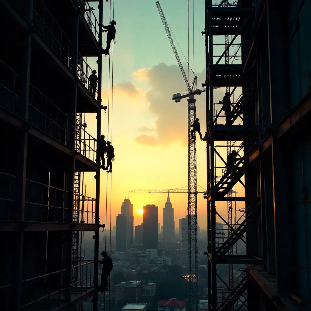 Silhouetted Scaffolding Workers Against the Sky