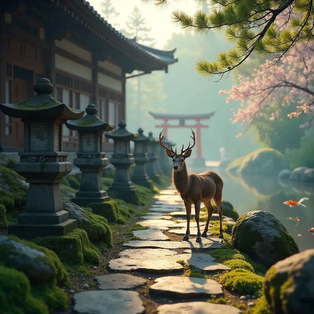 Deer Wandering Among Stone Lanterns at Historic Japanese Temple